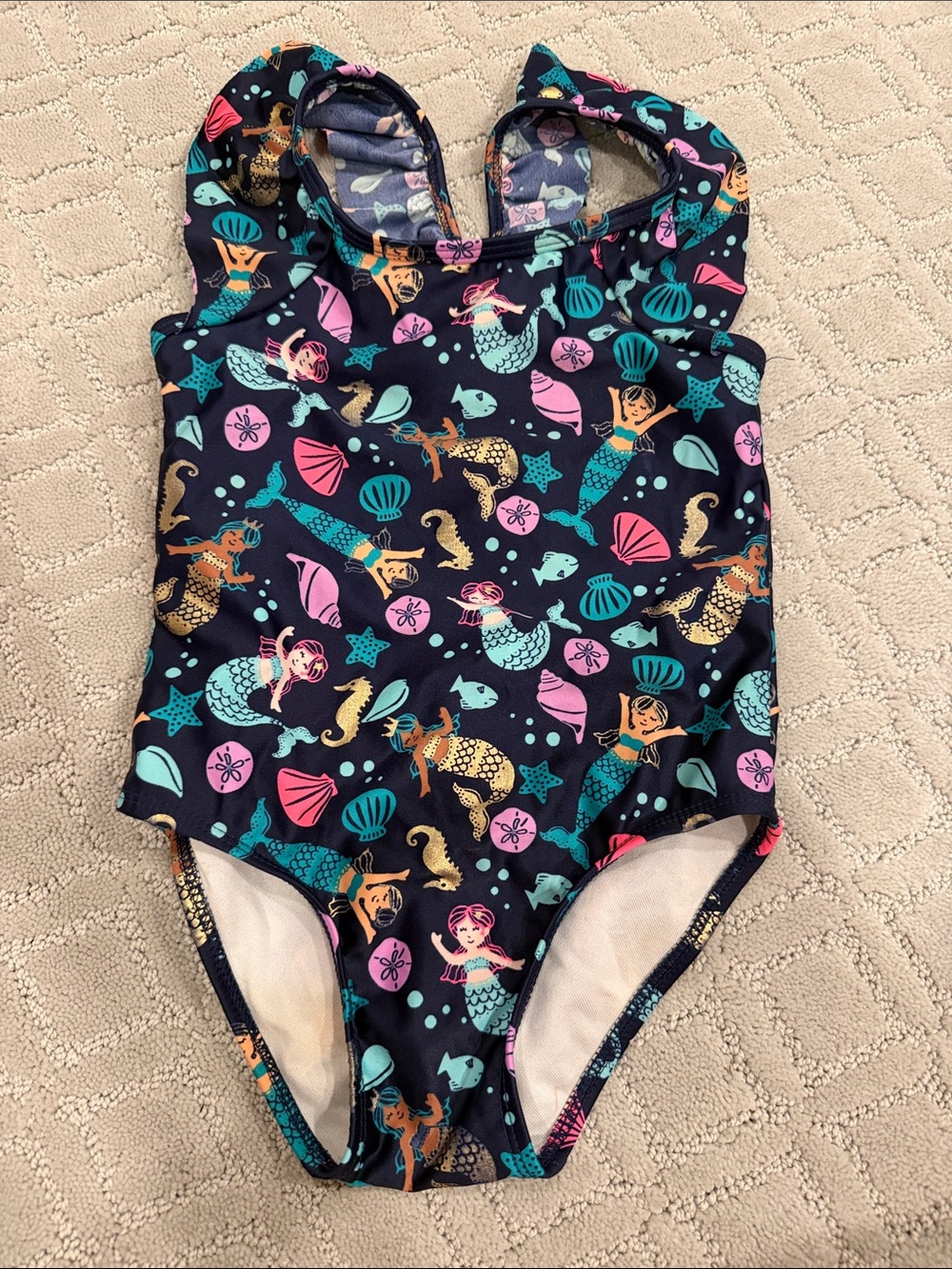 Cat & Jack Navy Kids One-Piece Swimsuit with Teal, Pink & Gold Mermaid Print